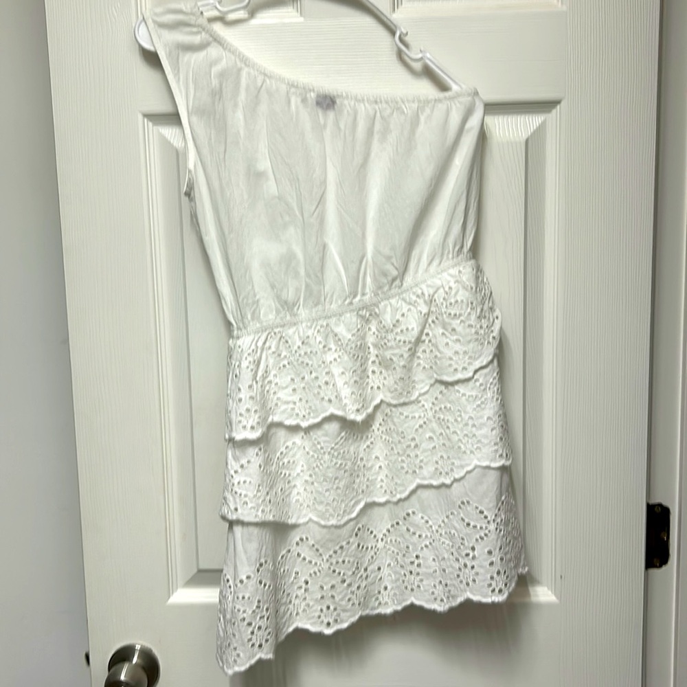 One shoulder tiered ruffle womans white tops